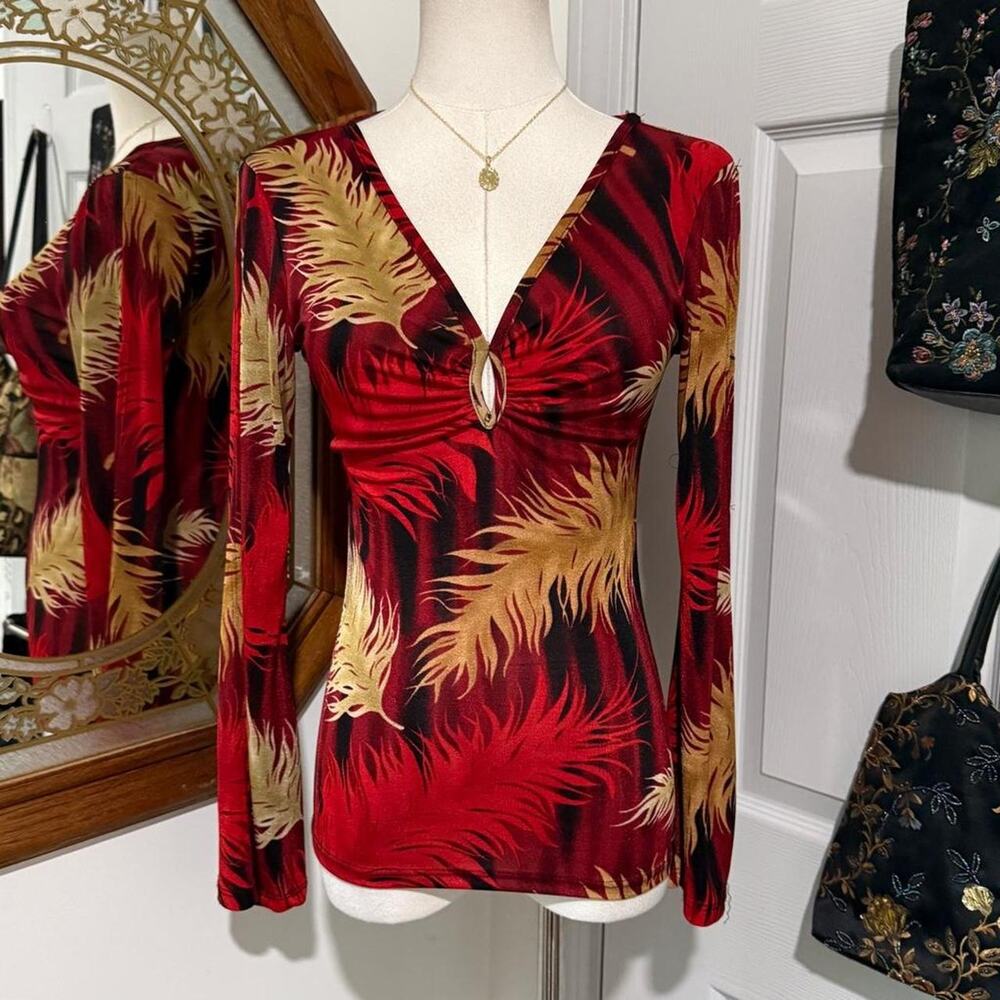 VTG Y2K Truelight USA Red & Gold Feather Long Open Flare Sleeve Keyhole Top